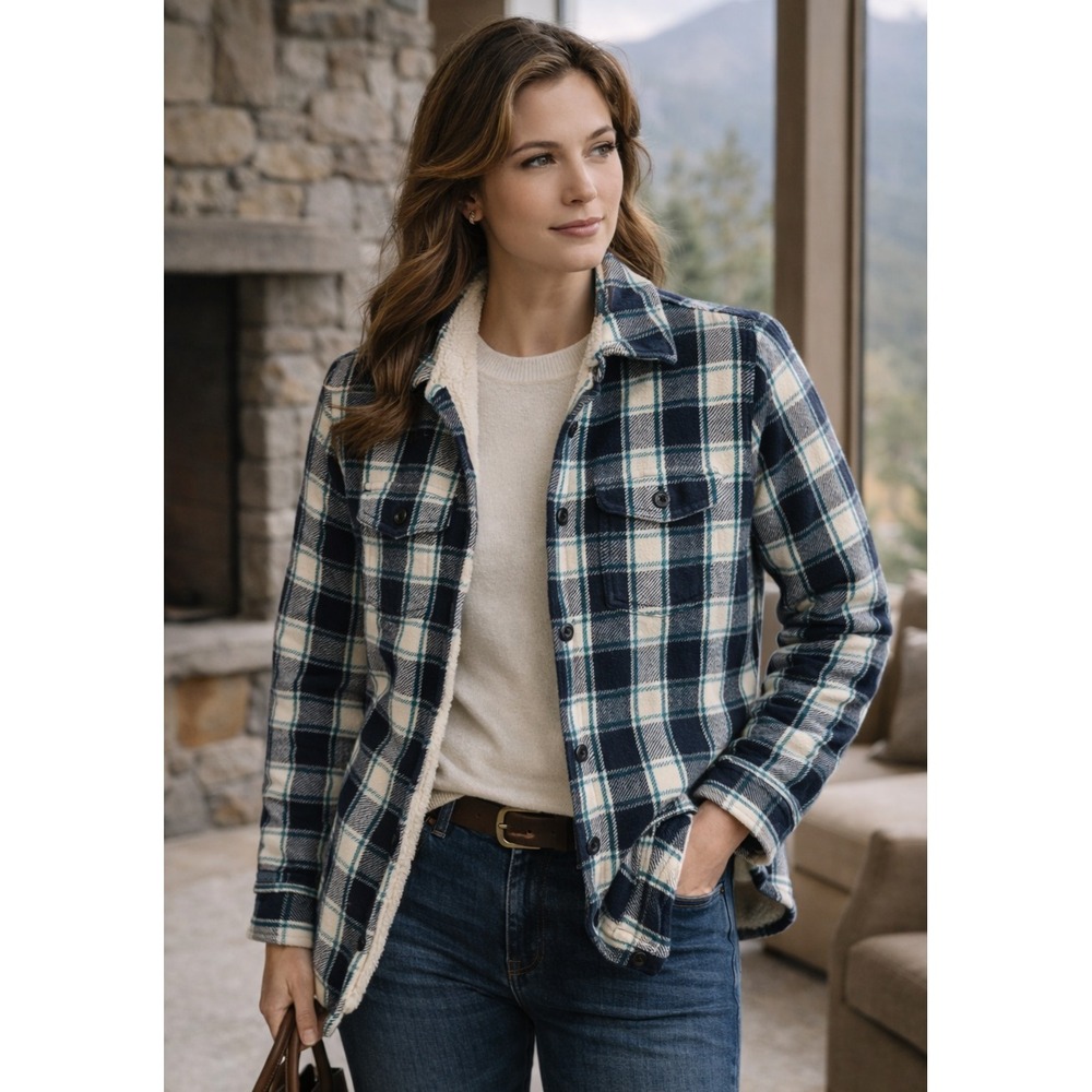 LL Bean Womens Western Classic Sherpa Lined Flannel Shirt Jacket Size M Shacket